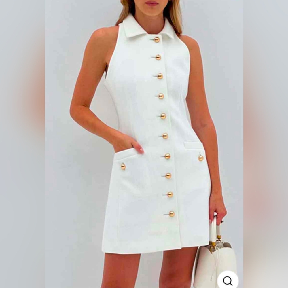 NWT Commense White Sleeveless Collared Mini Dress with Gold Buttons
